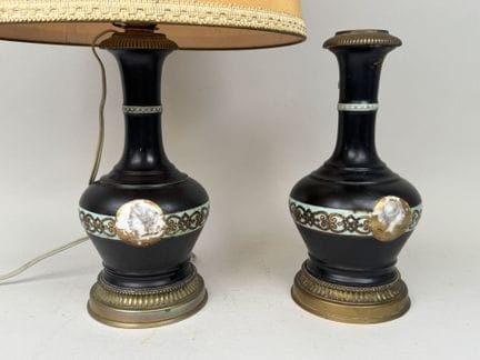 Pair of black porcelain lamps with polychrome deco