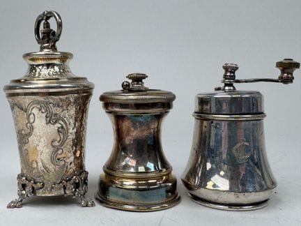 3 small silver plated metal pepper mills: one with