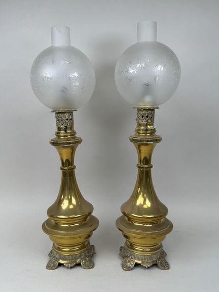 Pair of bronze or brass kerosene lamps; the glass 