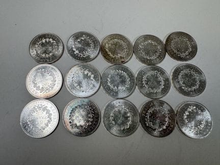 15 silberne 50-F-Hercule-Münzen.
Gewicht: 450 g.