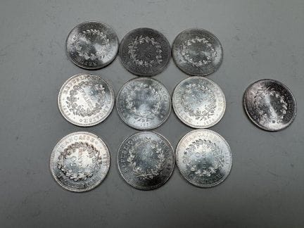 10 Silbermünzen zu je 50 Francs „Herkules“ 
Gewich