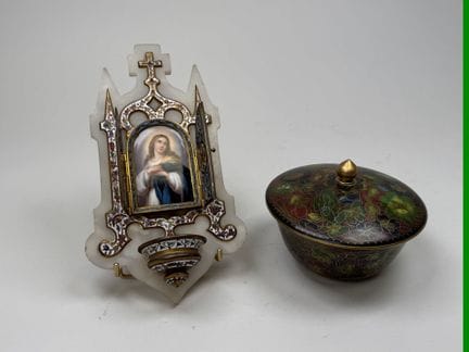 A gilded bronze holy water font in the cloisonné s
