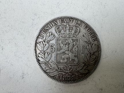 1 5-Franken-Münze LEOPOLD II. 1873.
Gewicht: 24 g.