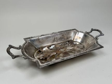 Silver plated metal wastebasket with two handles a