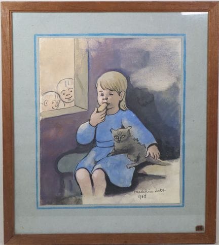 Madeleine LUKA (1894-1959).
Fillette et chat.
Aqua