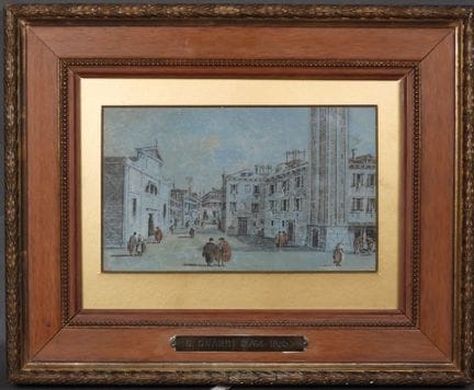 D'après GUARDI. 
Rue animée en Italie. 
Dessin à l