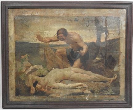 École du XIXe.
Pêcheur et cadavre.
Huile sur toile
