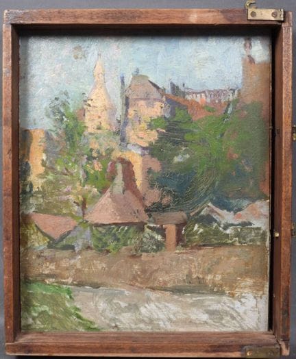 20th-Century School.
Village scene.
Oil on wood pa