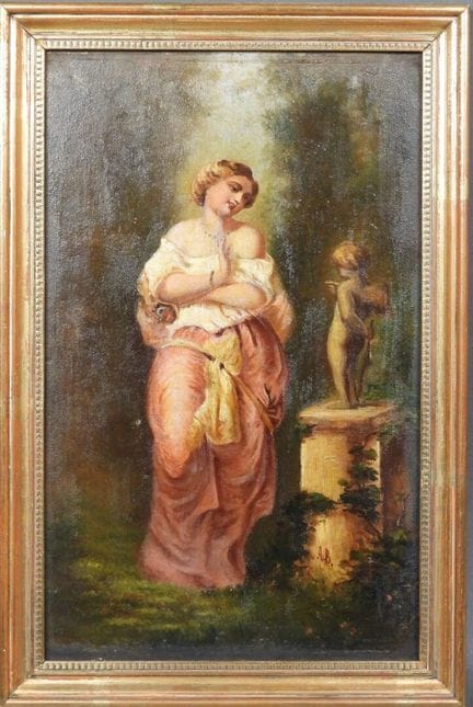 École du XIXe.
Femme et sculpture.
Huile sur panne