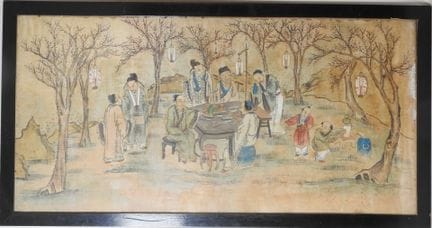 CHINE, XXe.
La cérémonie du thé.
Gouache sur soie.