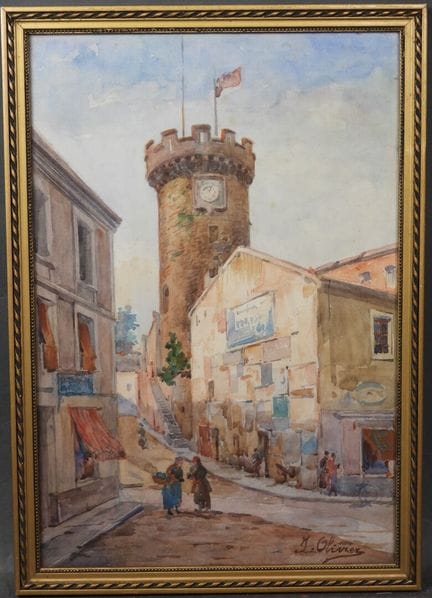 J. OLIVIER (XXe).
La vieille tour.
Aquarelle signé