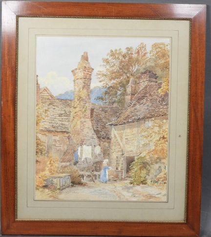École du XIXe.
Femme devant la ferme.
Aquarelle.
2