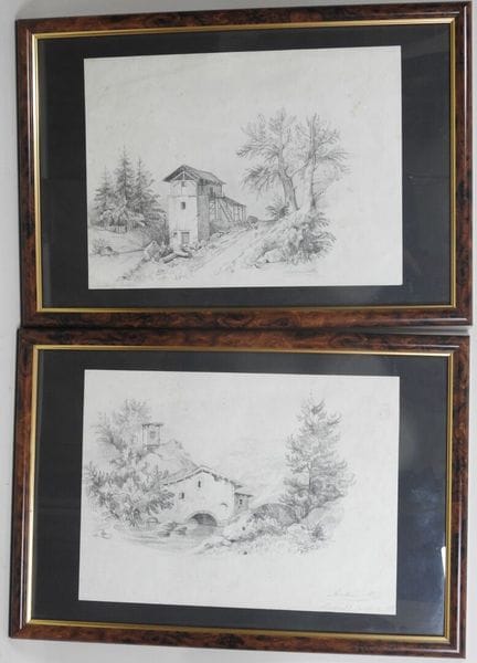 École fin XIXe.
Moulin à eau.
Deux dessins signés 
