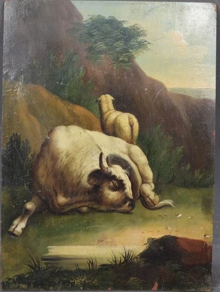 École française fin XIXe.
Taureau et mouton.
Huile