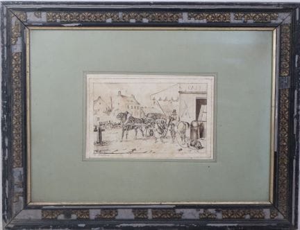 École du XIXe.
Halte devant le café.
Dessin signé 