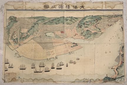 Japon, fin XIXe.
Panorama du port ouvert de Yokoha