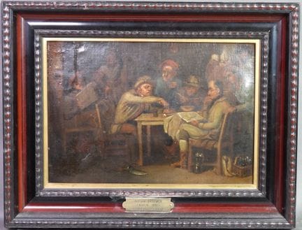 École flamande XIXe. 
Intérieur de taverne. 
Huile