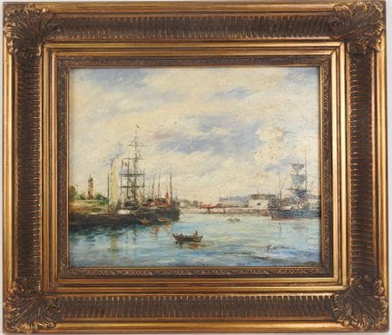 École du XXe.
Navires au port.
Huile sur toile sig