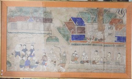 THAILANDE.
Scène de temple.
Gouache sur tissu.
89 