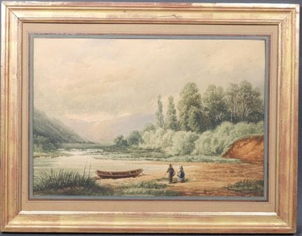 École du XIXe.
Paysage à la barque.
Aquarelle sign