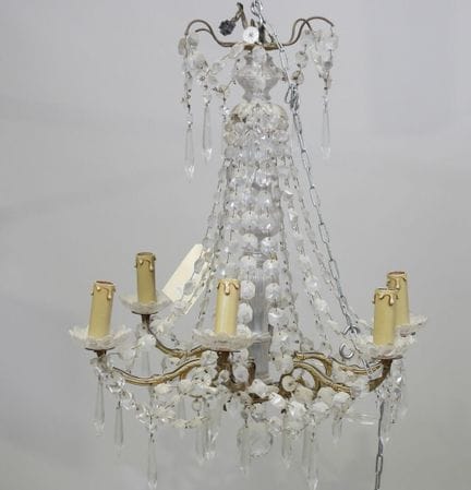 Lustre en verre et laiton à six bras de lumière,  