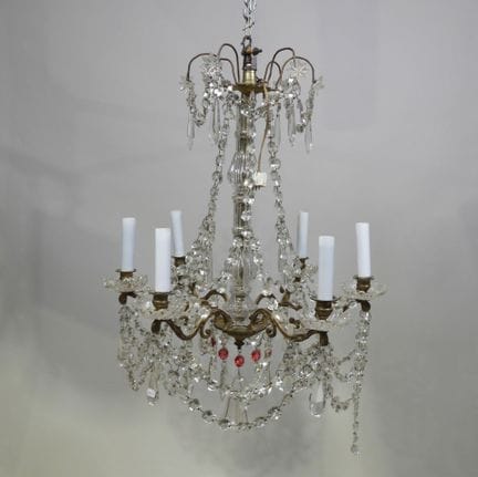 Lustre en verre et laiton à six bras de lumière, à