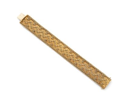 宽版柔软的18K黄金（750‰）手链，采用风格化的编织链节设计。
重量：71克。
长度：19厘米。
