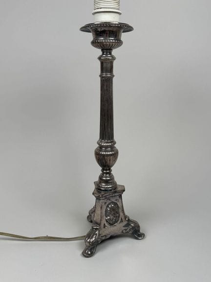 Silver-plated bronze tripod candleholder, with leg
