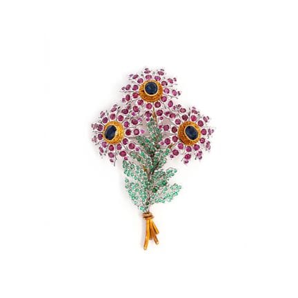Brosche „Bouquet“ mit Rubinen, Saphiren und Smarag