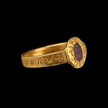 Medieval Gold Ring with Legend and Amethyst Intagl