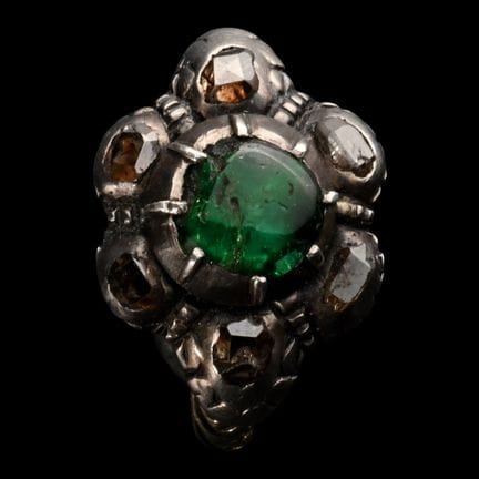 Baroque Gold and Silver Diamond and Emerald Ring. 