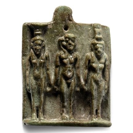 Large Egyptian Green Glazed Faience Triad Amulet. 