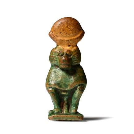 Egyptian Green and Yellow Glazed Baboon Amulet. Th