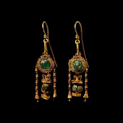 Greek Gold and Bead Drop Earrings. Hellenistic, 2n