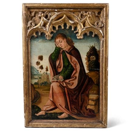 Medieval Painting of Saint John on Patmos. Spain, 