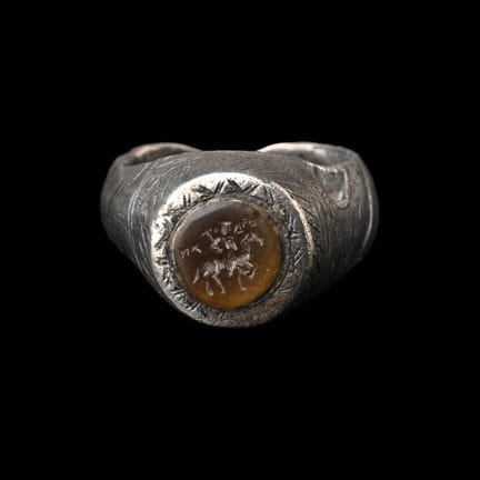 Large Medieval Silver Signet Ring with Intaglio. T