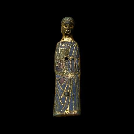 Large Medieval Limoges Enamelled Gilt Bronze Saint