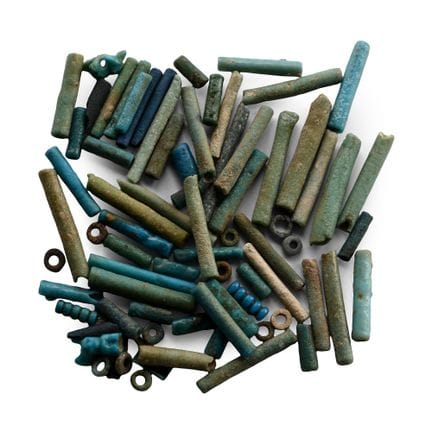 Egyptian Faience Mummy Beads and Cat Amulet. Late 