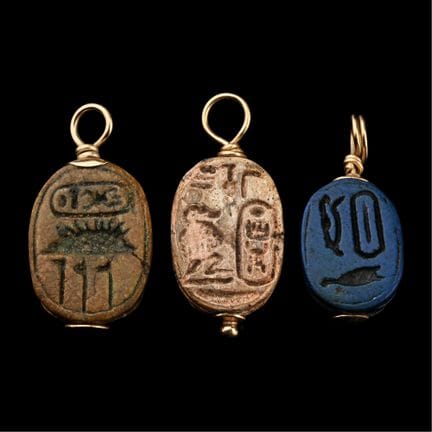 Egyptian Faience Scarabs with Gold Mounts. The Kal