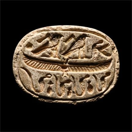 Egyptian Steatite Scarab with Religious Motifs. Th