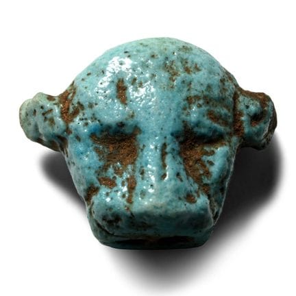 Large Egyptian Faience Lioness Head Amuletic Bead.