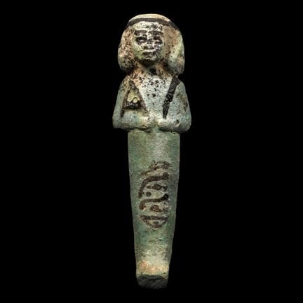 Shabti egizio con geroglifici e smalto azzurro pal