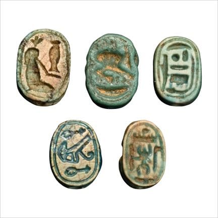Egyptian Miniature Blue Glazed Scarab Collection. 