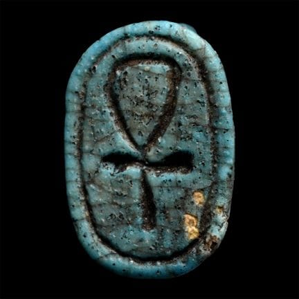 Egyptian Faience Scaraboid Frog Amulet with Ankh. 