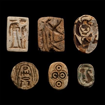 Egyptian Steatite Scarab and Plaque Group. Late Pe