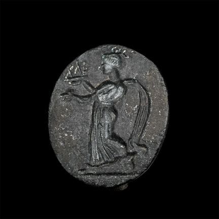 Large Greek Bronze Ring Bezel with Goddess. 4th-2n