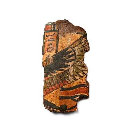 Sezione di cartonnage egizio con occhio e ala. Ter