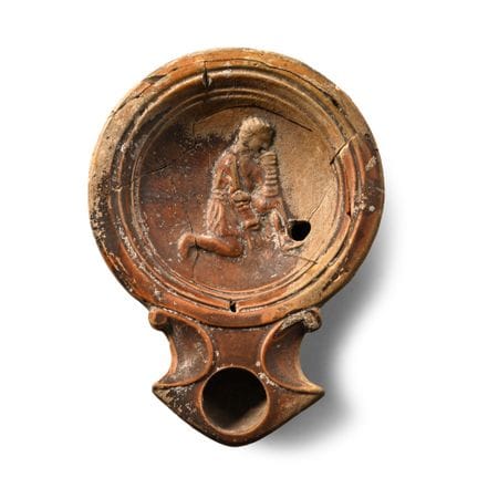 Roman Terracotta Oil Lamp with Kneeling Gladiator.