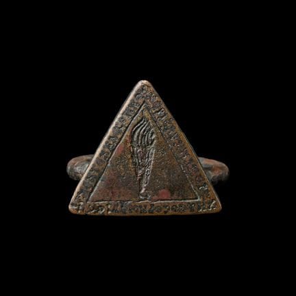 Large Byzantine Bronze Ring with Triangular Bezel 