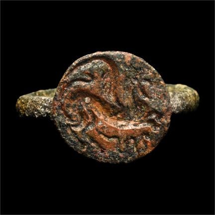 Large Late Roman Bronze Ring with Gryphon with Sna